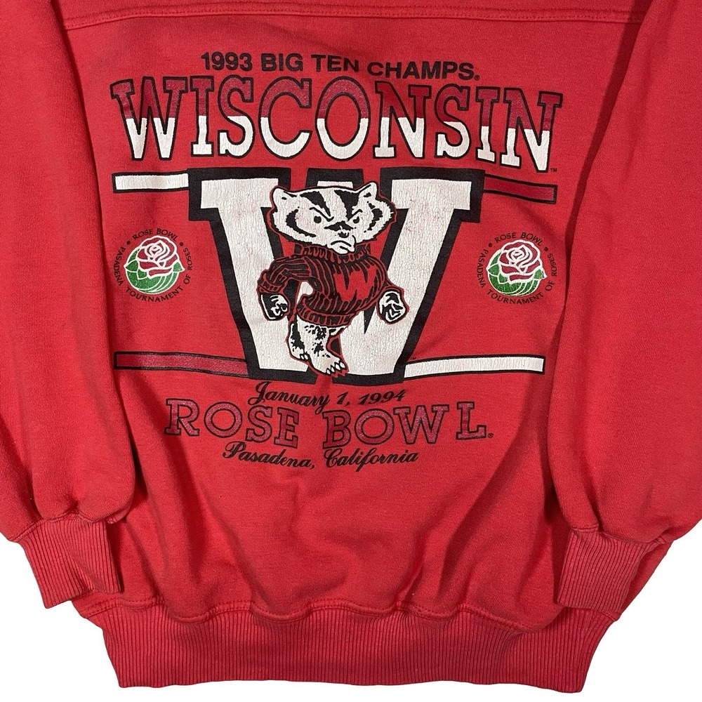 Vtg 90s Wisconsin Badgers Crewneck Sweatshirt‎ Mens L Rose Bowl Champs Red Bucky - Picture 2 of 8